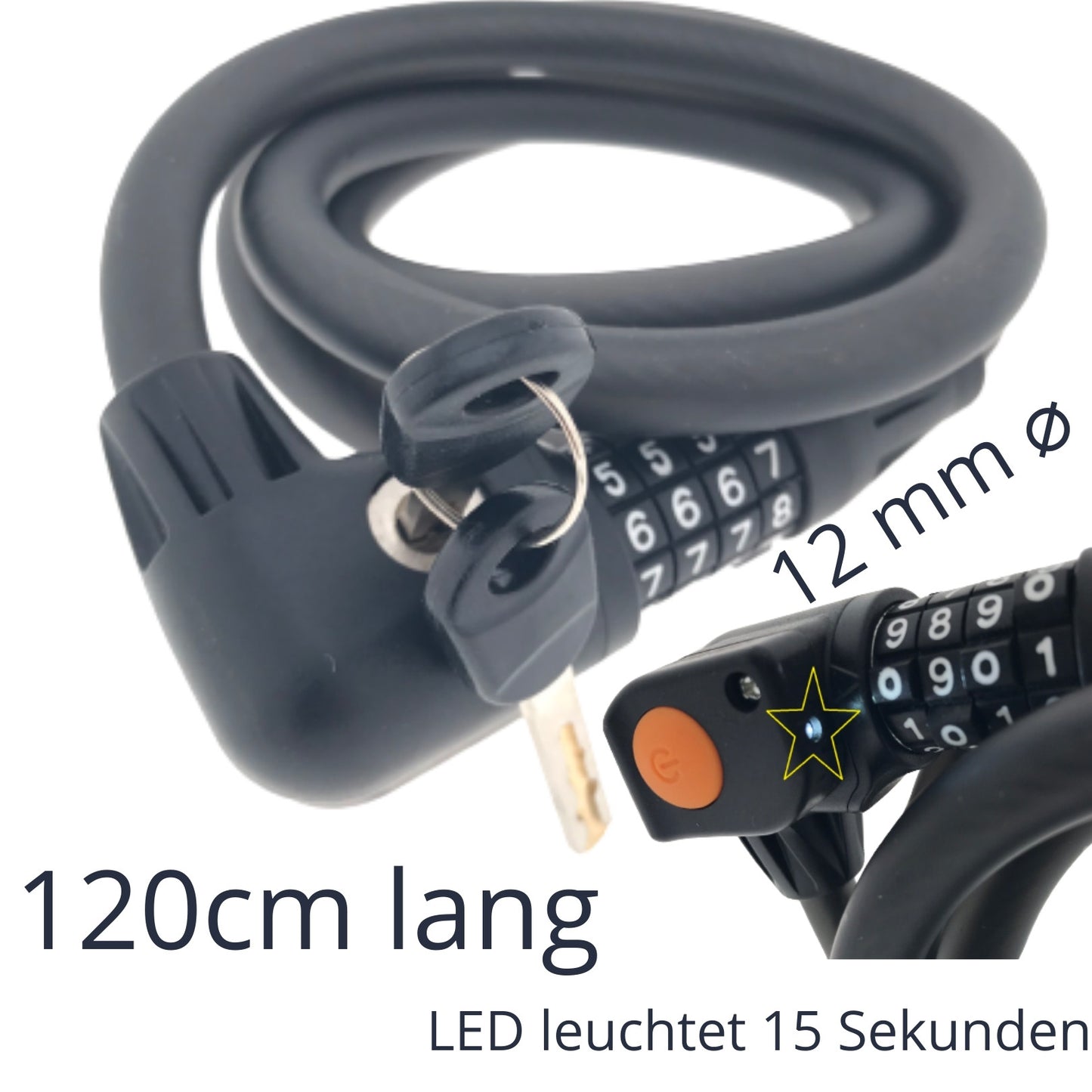 Zahlenschloss Kabelschloss Fahrradschloss mit LED 12X1200 mm