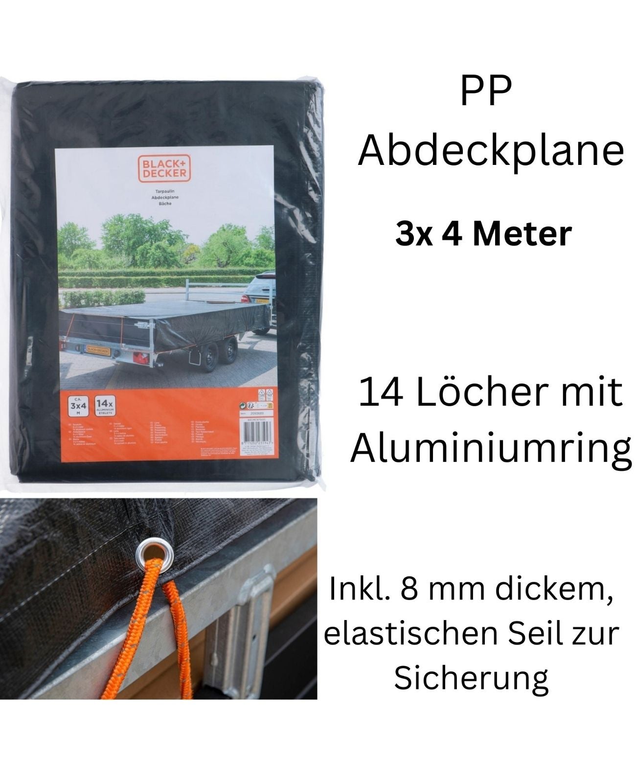 Anhängerplane Abdeckplane Gewebeplane Schutzplane 3x4 M BLACK+DECKER