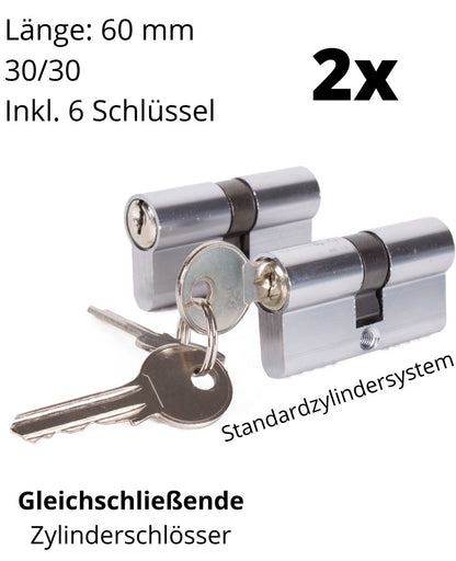 2x Schließzylinder Zylinderschloss Einbauschloss Gleichschliessend 60mm