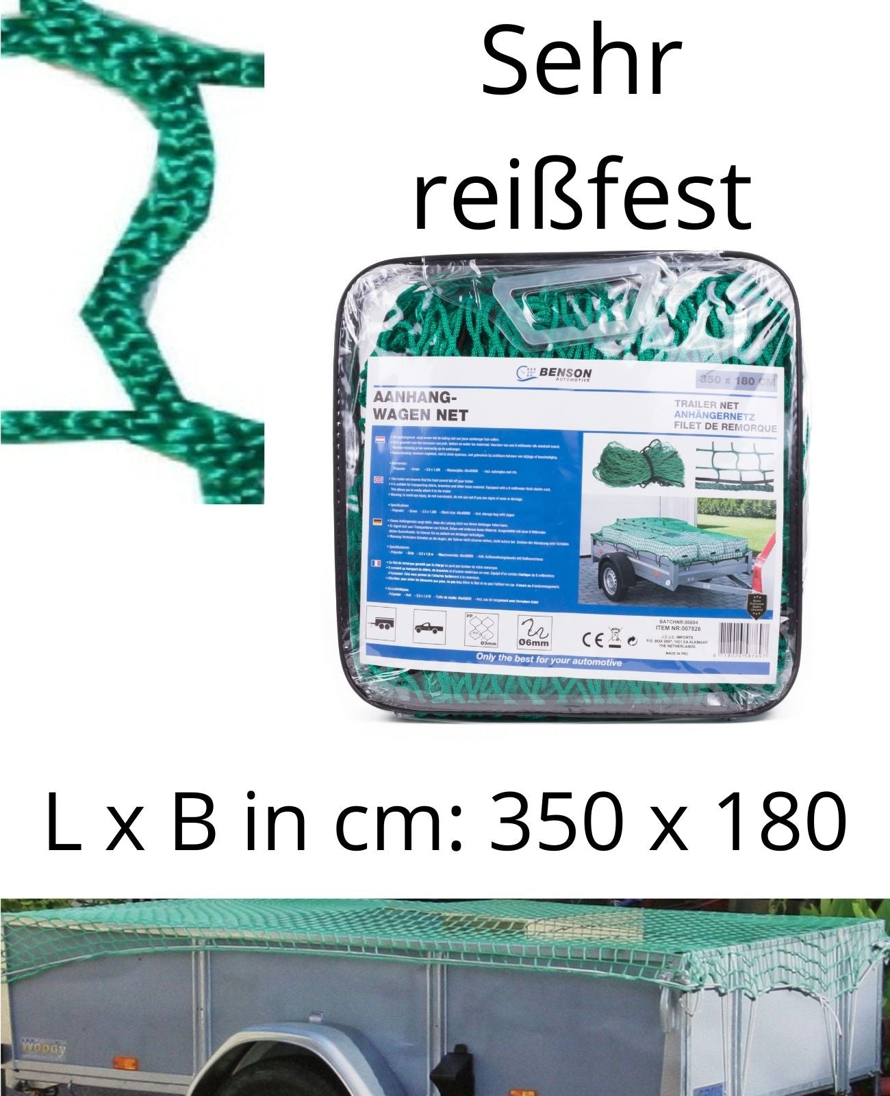 Anhängernetz mit Randverstärkung Ladungssicherung reißfest 350 x 180 cm
