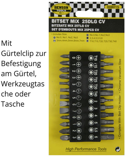 Bitset 25 tlg Bitsatz mit Halterung Bitsortiment mit Gürtelclip Bits Sechskant