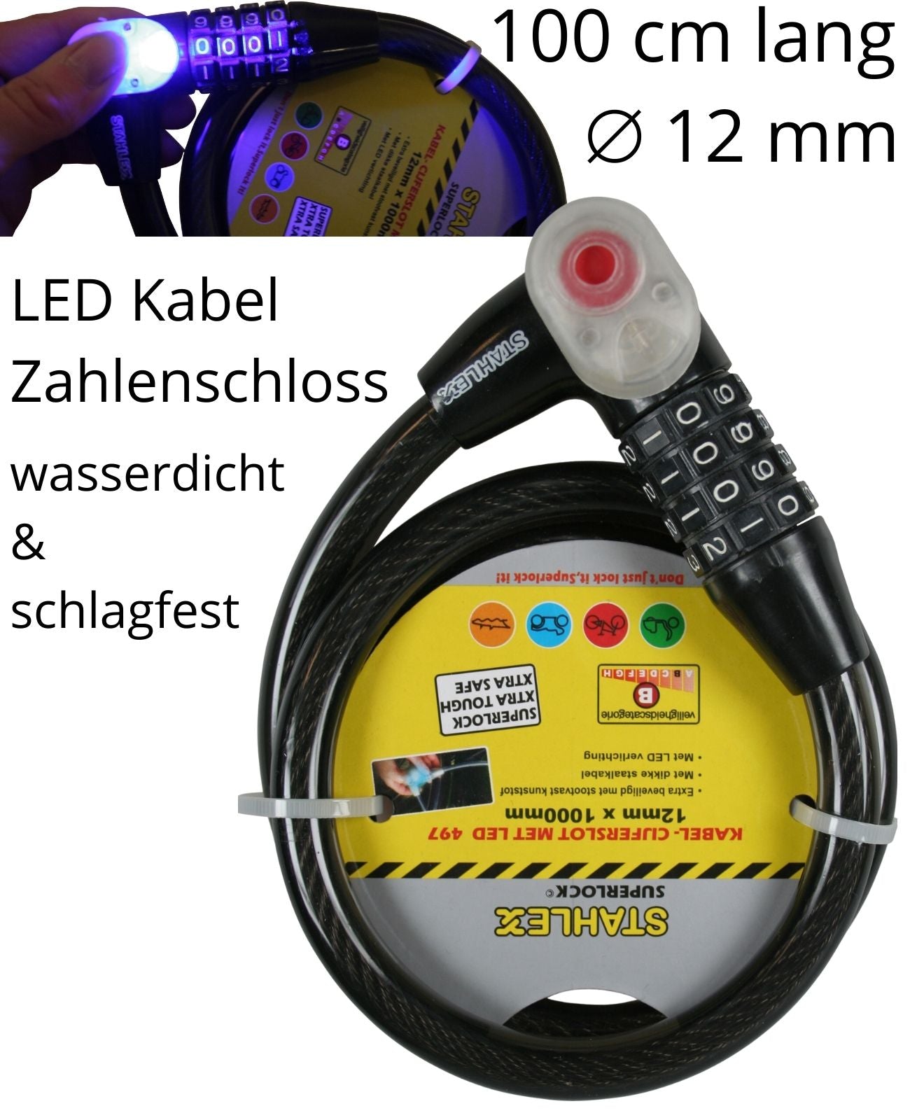 Fahrradschloss Kabelschloss Zahlenschloß Kombinationschloss mit LED 12 X 1000 mm