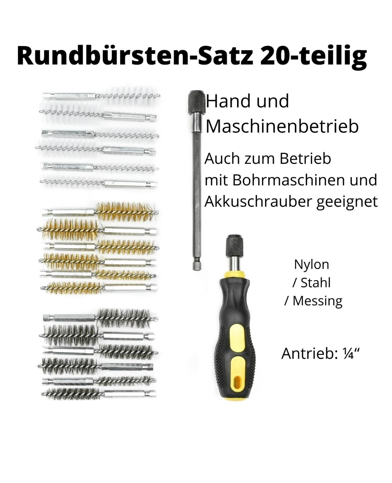 HT Bürstenset 20 tlg Stahl Messing Nylon Drahtbürste Akkuschrauber und manuell