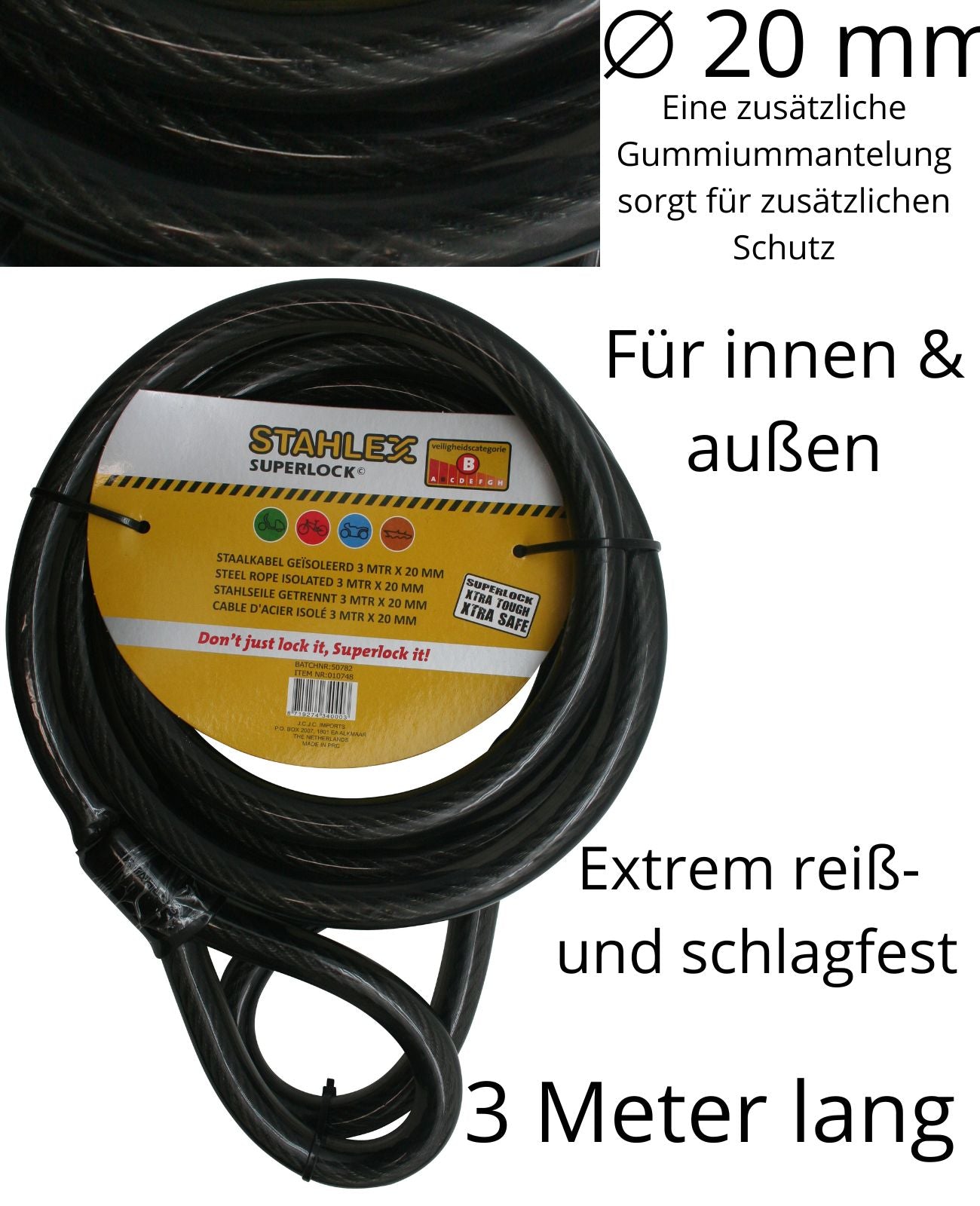 Stahlseil Stahlkabel Sicherheitskabel mit 2 Ösen Schlaufen Seil Ø 20mm x 3 Meter