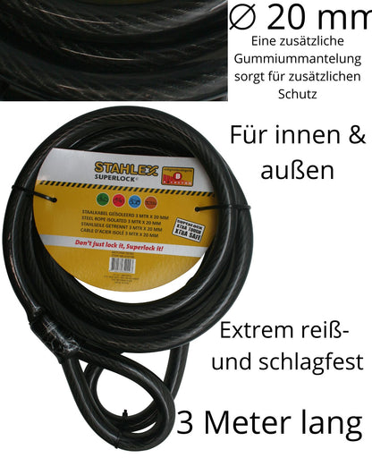 Stahlseil Stahlkabel Sicherheitskabel mit 2 Ösen Schlaufen Seil Ø 20mm x 3 Meter