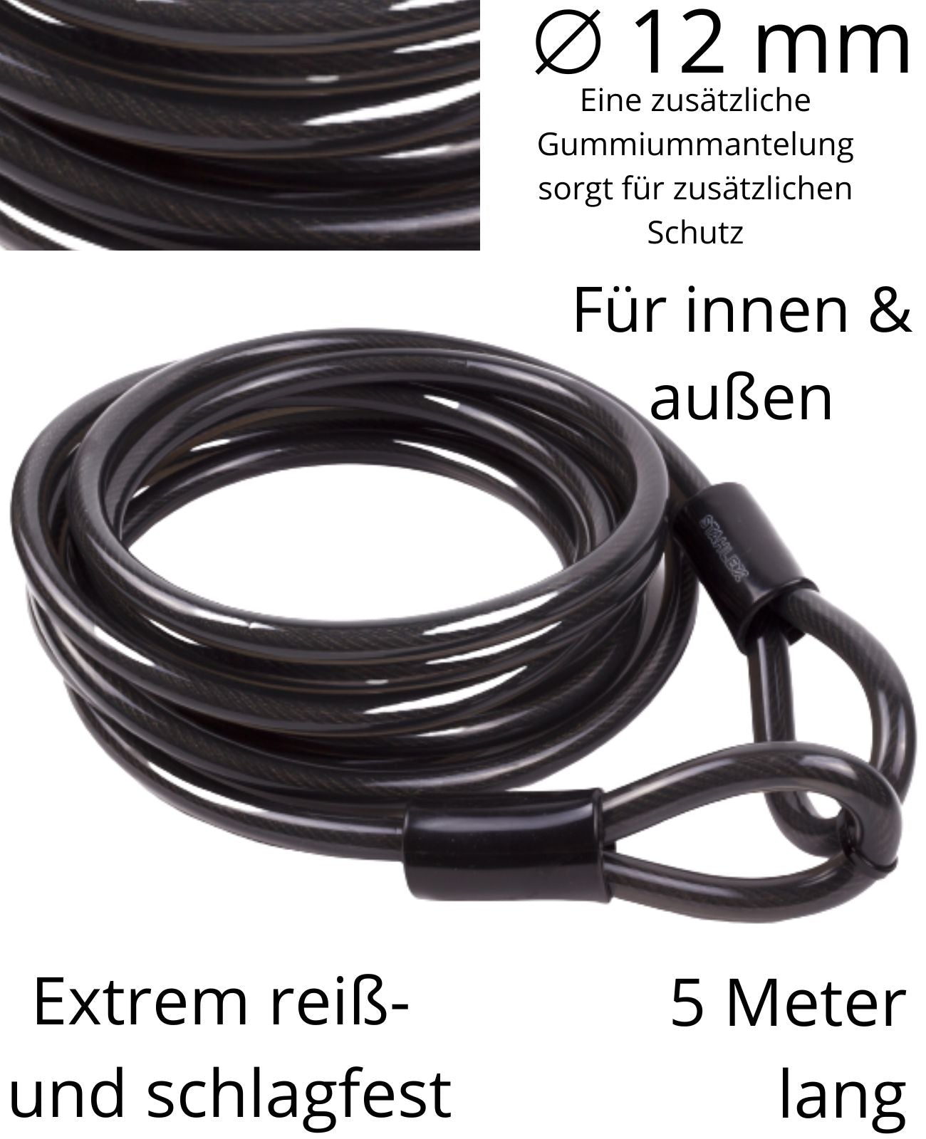 Stahlseil Stahlkabel Sicherheitskabel mit 2 Ösen Schlaufen Seil Ø 5mm x 12 Meter