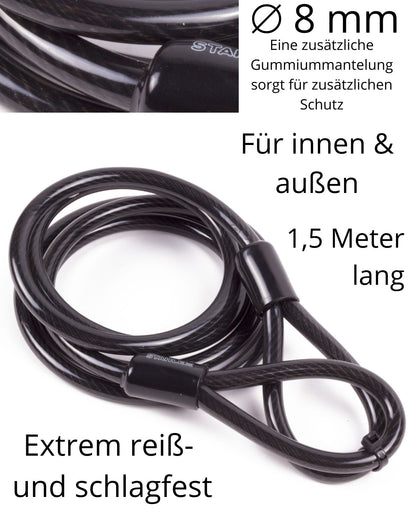Stahlseil Stahlkabel Sicherheitskabel mit 2 Ösen Schlaufen Seil Ø 8mm x 1,5 Meter