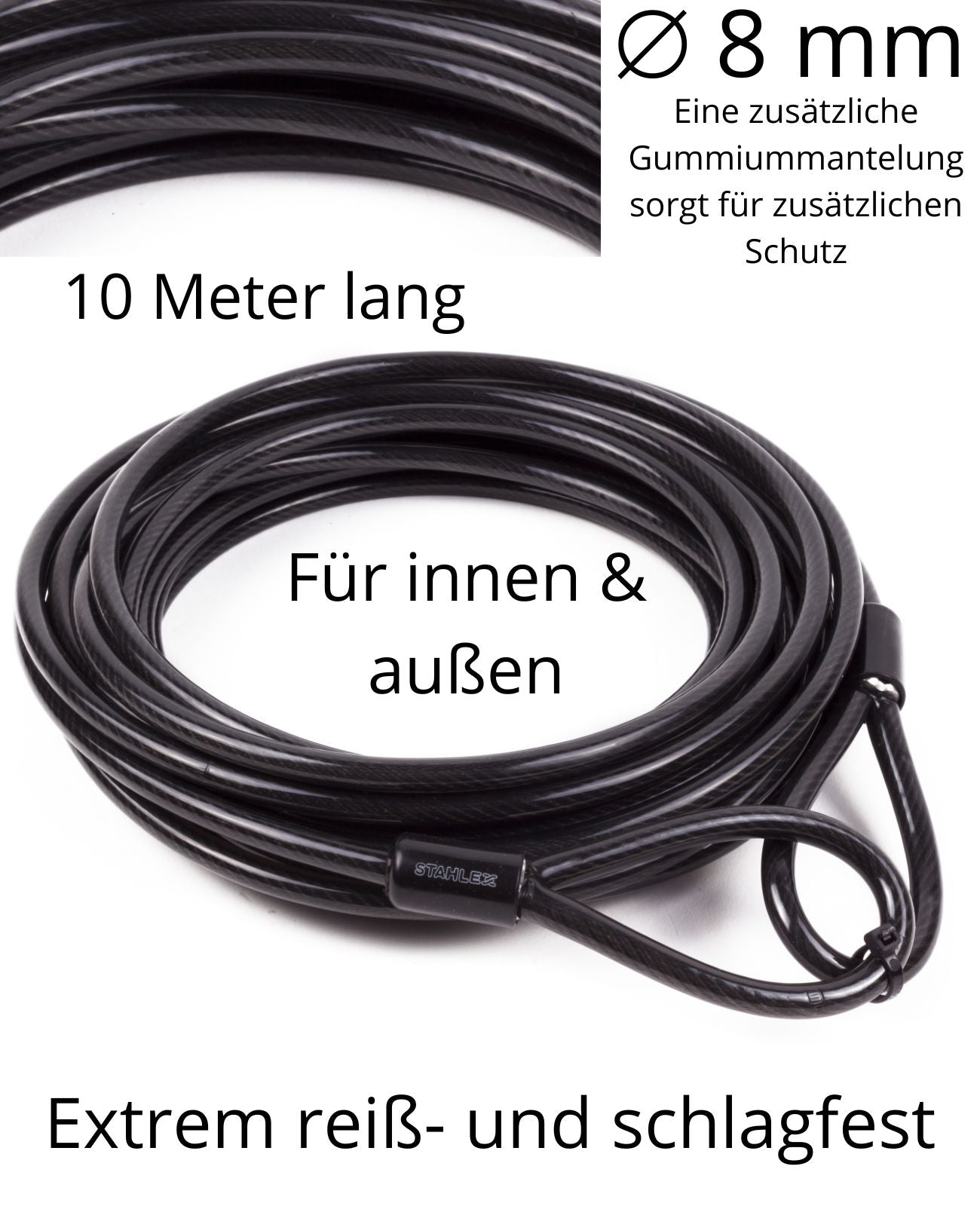 Stahlseil Stahlkabel Sicherheitskabel mit 2 Ösen Schlaufen Seil Ø 8mm x 10 Meter