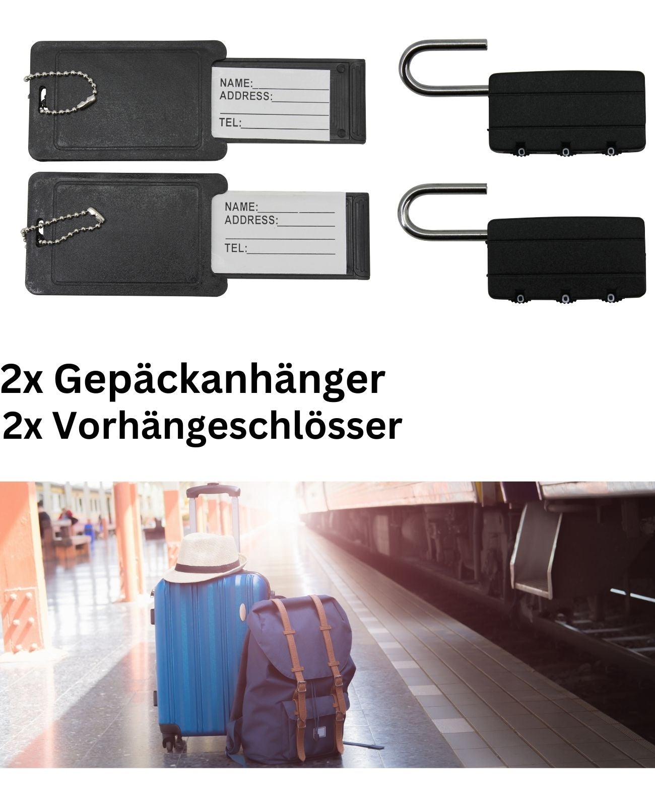 Gepäckanhänger Reiseschloss Set 4tlg Gepäckschloss + Kofferschild