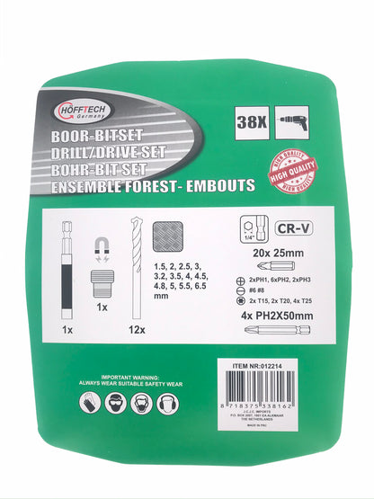 Profi Bohrer & Bit-Set 38-tlg inkl Magnet-Adapter Koffer Bitaufnahme Halterung