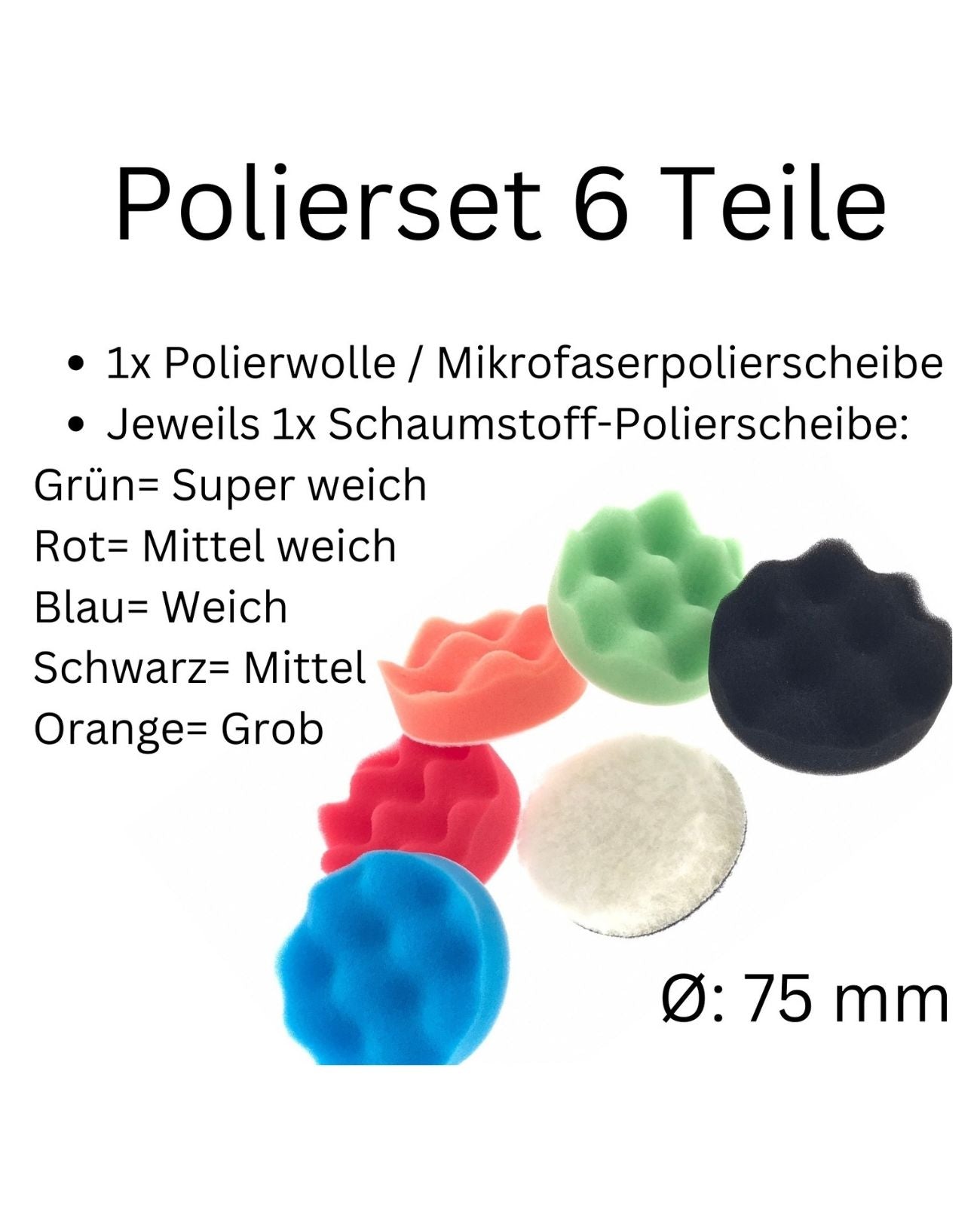Polierteller Polier Set Ø 75mm Polierpads Klett Polierschwamm Polierscheibe 6tlg