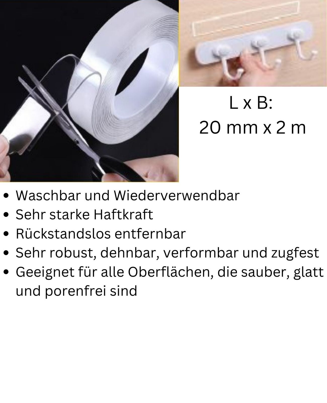 Nano Klebeband doppelseitig wiederverwendbar 2 Meter starke Haftung