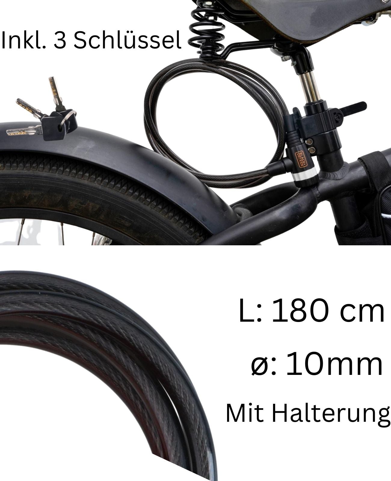 Kabelschloss Fahrradschloss Spiralschloss BLACK+DECKER 10x1800mm