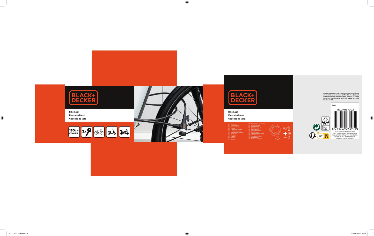Kabelschloss Fahrradschloss Spiralschloss BLACK+DECKER 10x1800mm
