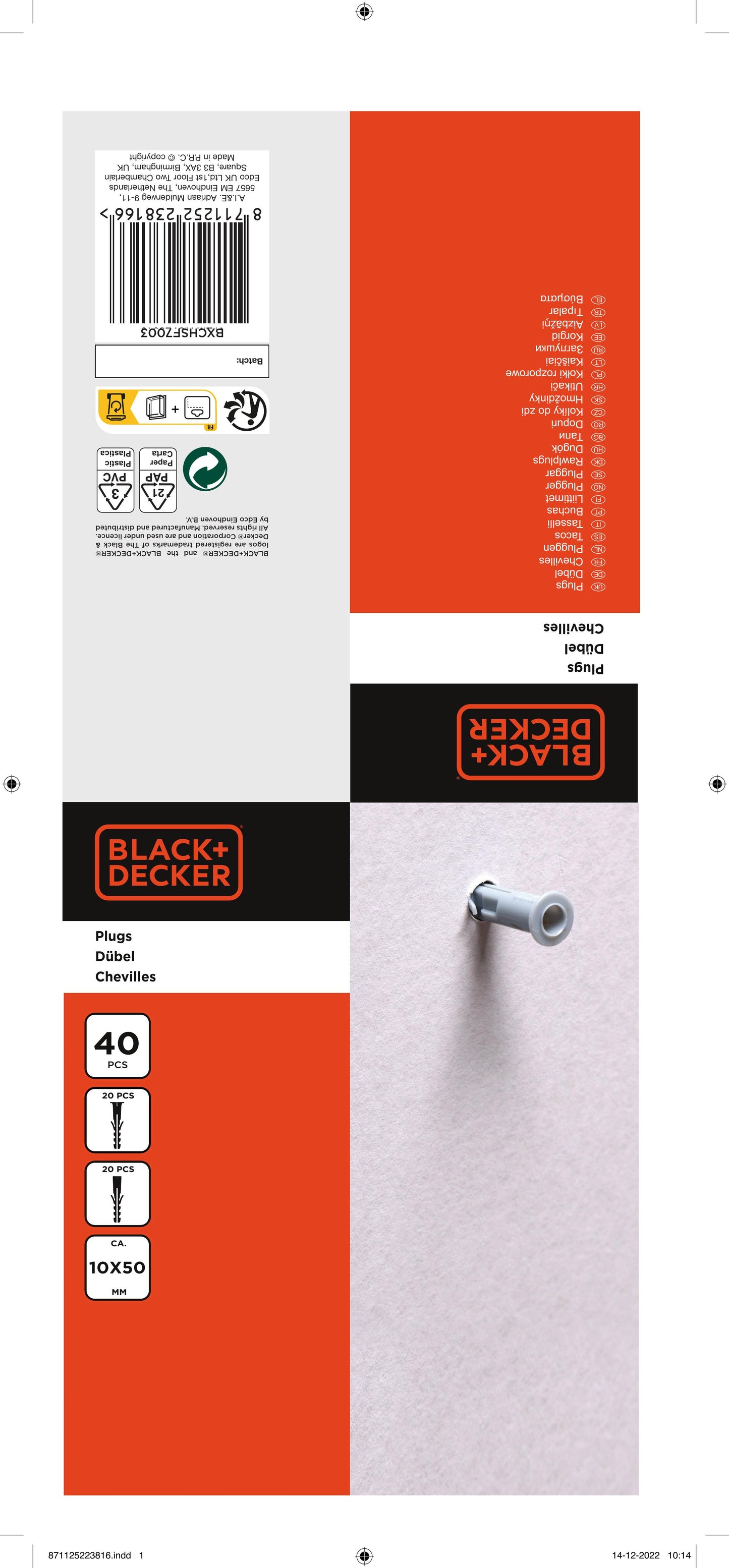 Nageldübel Spreizdübel Dübel mit ohne Kragen BLACK+DECKER 10mm -40St.