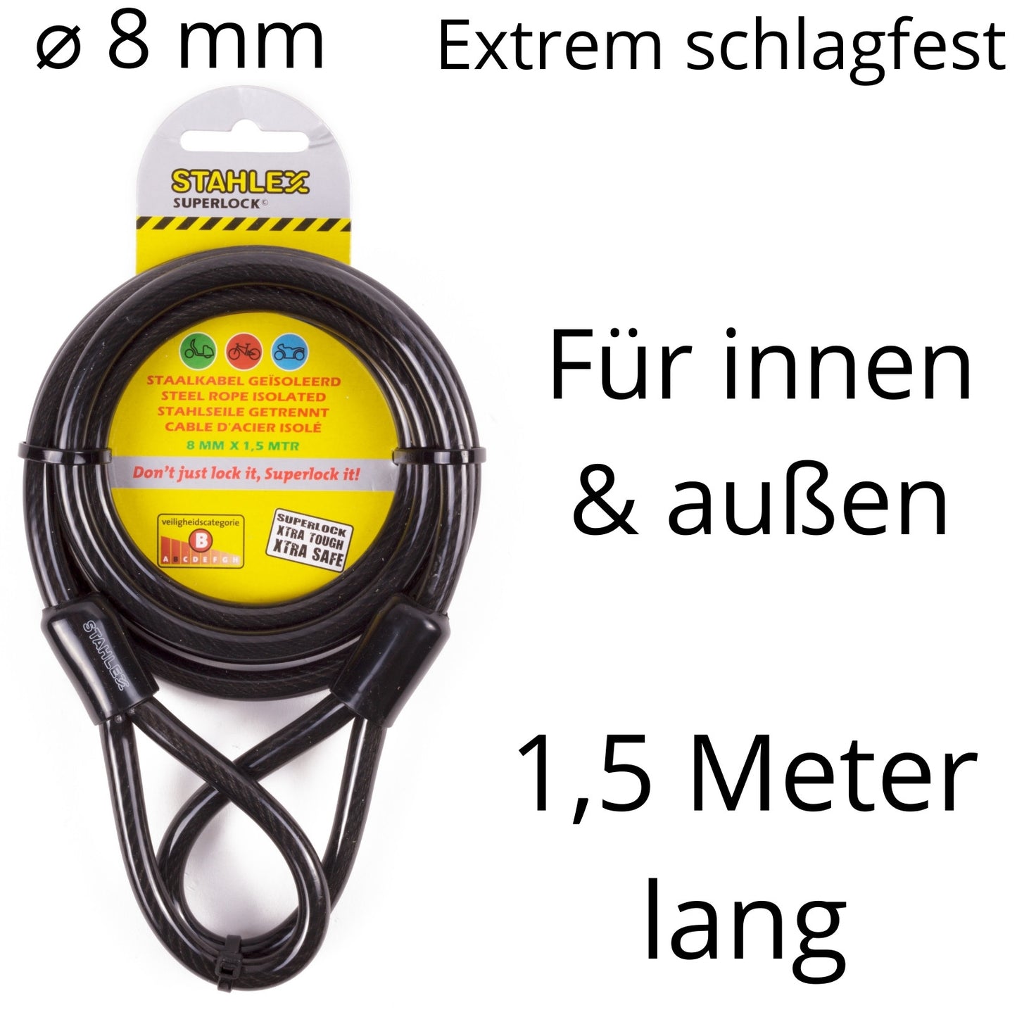 Stahlseil Stahlkabel Sicherheitskabel mit 2 Ösen Schlaufen Seil Ø 8mm x 1,5 Meter