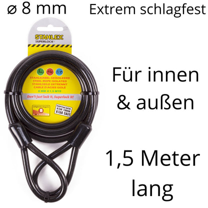Stahlseil Stahlkabel Sicherheitskabel mit 2 Ösen Schlaufen Seil Ø 8mm x 1,5 Meter