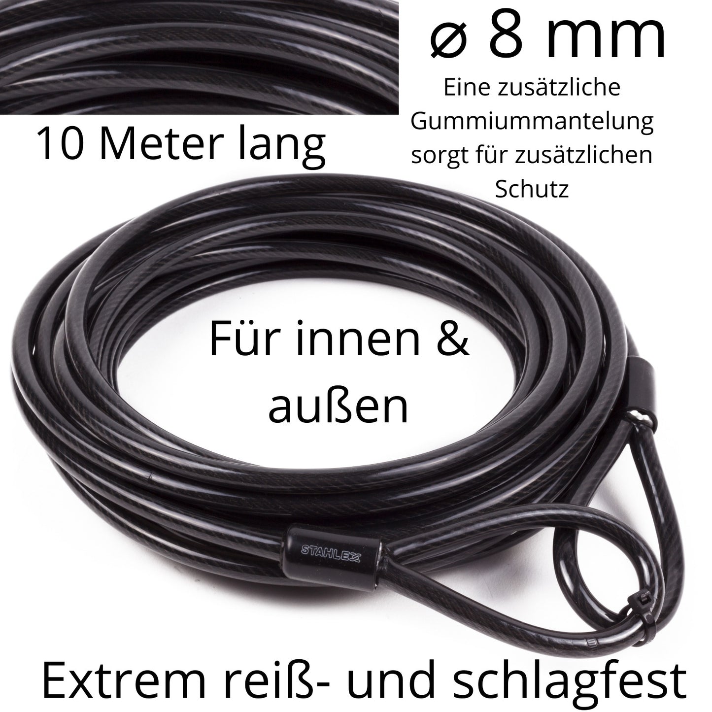 Stahlseil Stahlkabel Sicherheitskabel mit 2 Ösen Schlaufen Seil Ø 8mm x 10 Meter