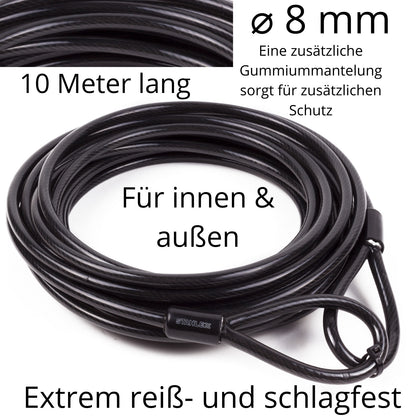 Stahlseil Stahlkabel Sicherheitskabel mit 2 Ösen Schlaufen Seil Ø 8mm x 10 Meter