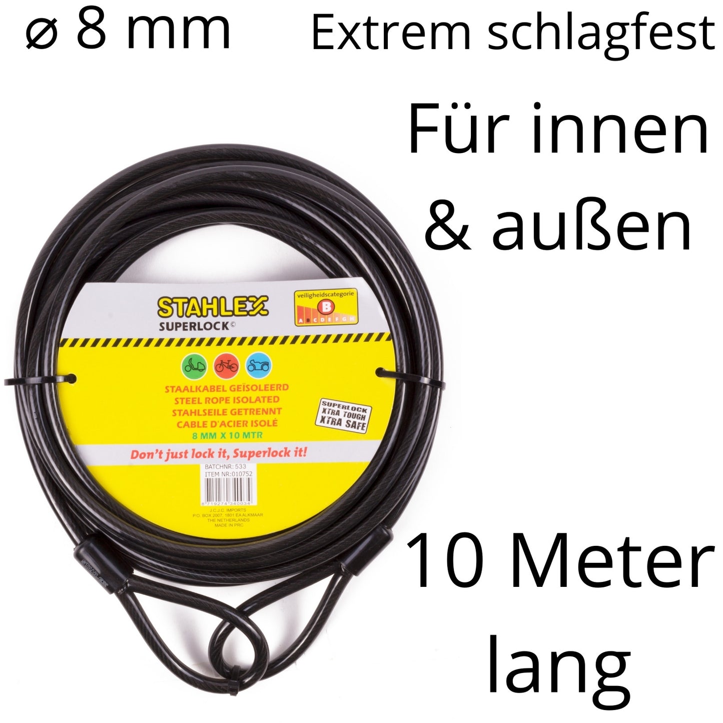 Stahlseil Stahlkabel Sicherheitskabel mit 2 Ösen Schlaufen Seil Ø 8mm x 10 Meter