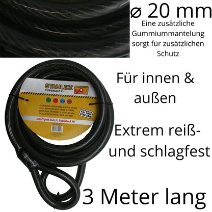 Stahlseil Stahlkabel Sicherheitskabel mit 2 Ösen Schlaufen Seil Ø 20mm x 3 Meter