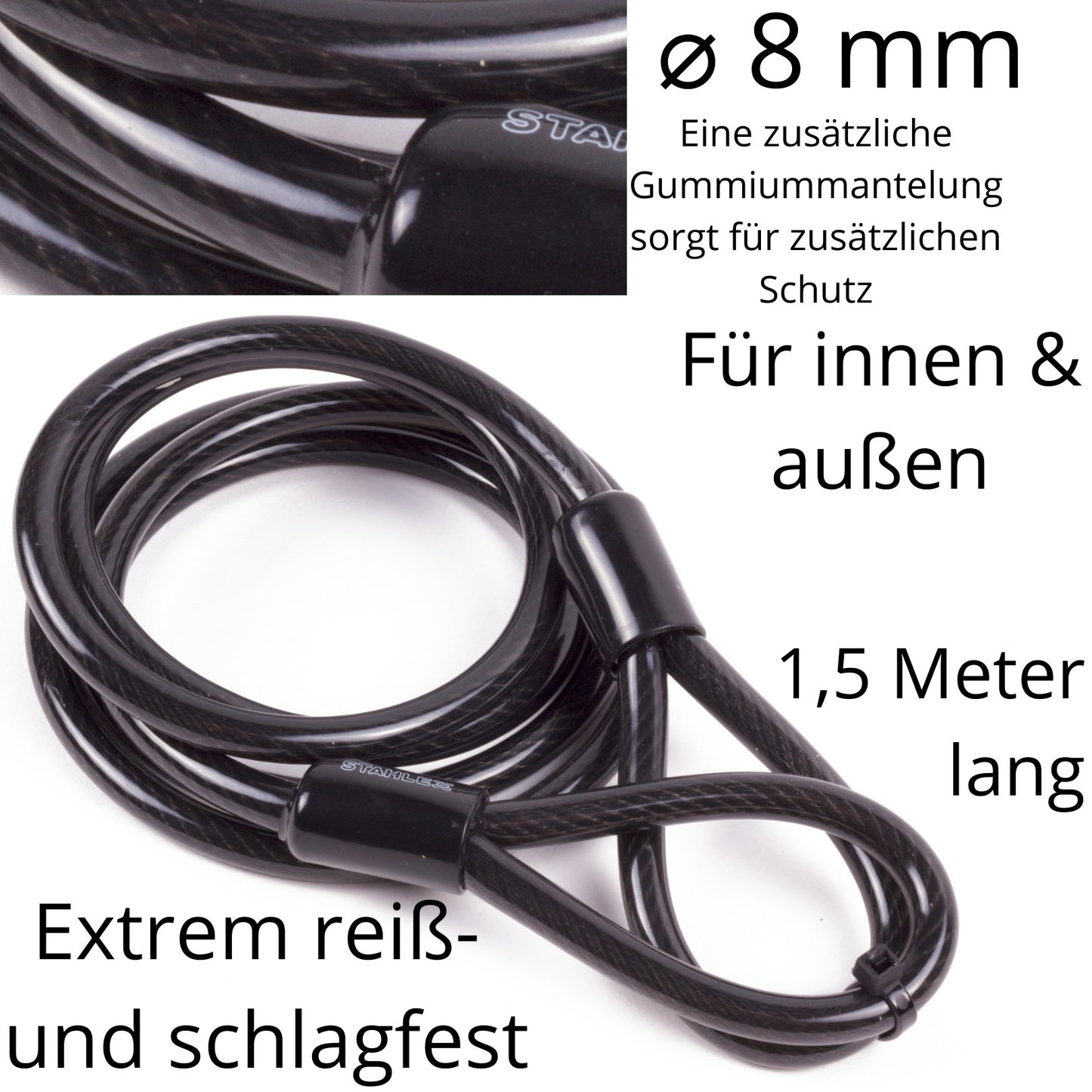 Stahlseil Stahlkabel Sicherheitskabel mit 2 Ösen Schlaufen Seil Ø 8mm x 1,5 Meter