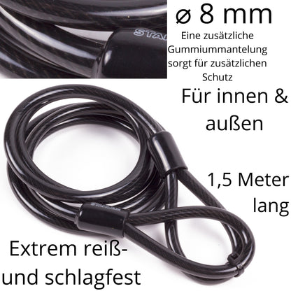 Stahlseil Stahlkabel Sicherheitskabel mit 2 Ösen Schlaufen Seil Ø 8mm x 1,5 Meter